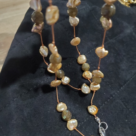 Labradorite Champagne Pearl Beads Sterling Silver Clasp Long 30" Necklace - Picture 5 of 10